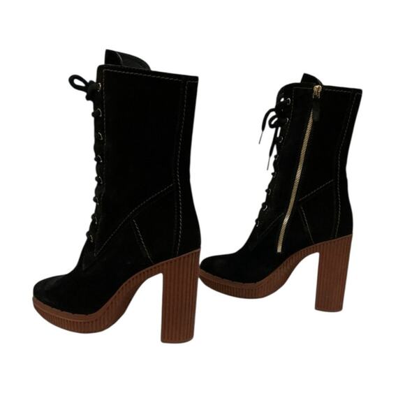 Tod’s Gomma Lace-Up Suede Heeled Bootie Black Ribbed Heel Size 40 Italy 10 US - Picture 4 of 15